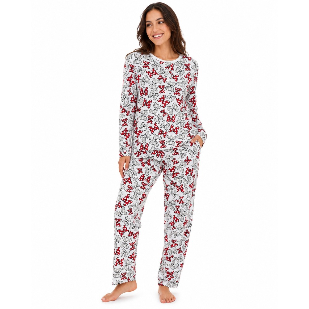 Disney Minnie Mouse Bow Print Pajama Set White Red Henley Top Pants Small